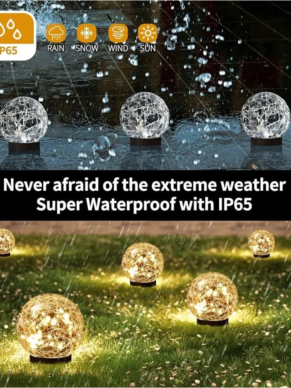 Outdoor Pack of 2 Decorative Crackle Glass Solar Orb Lights - Warm White